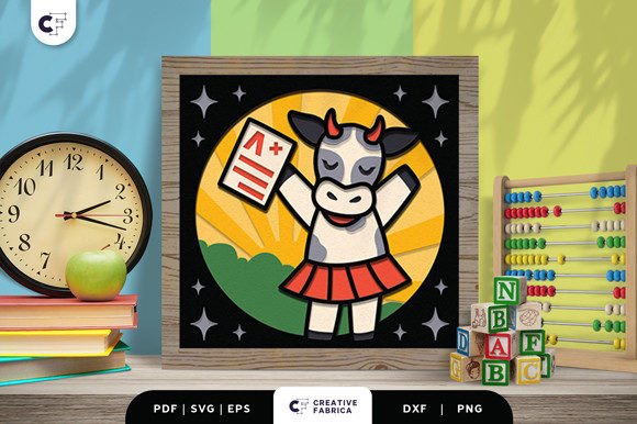 Cow Back to School 3D Shadow Box SVG